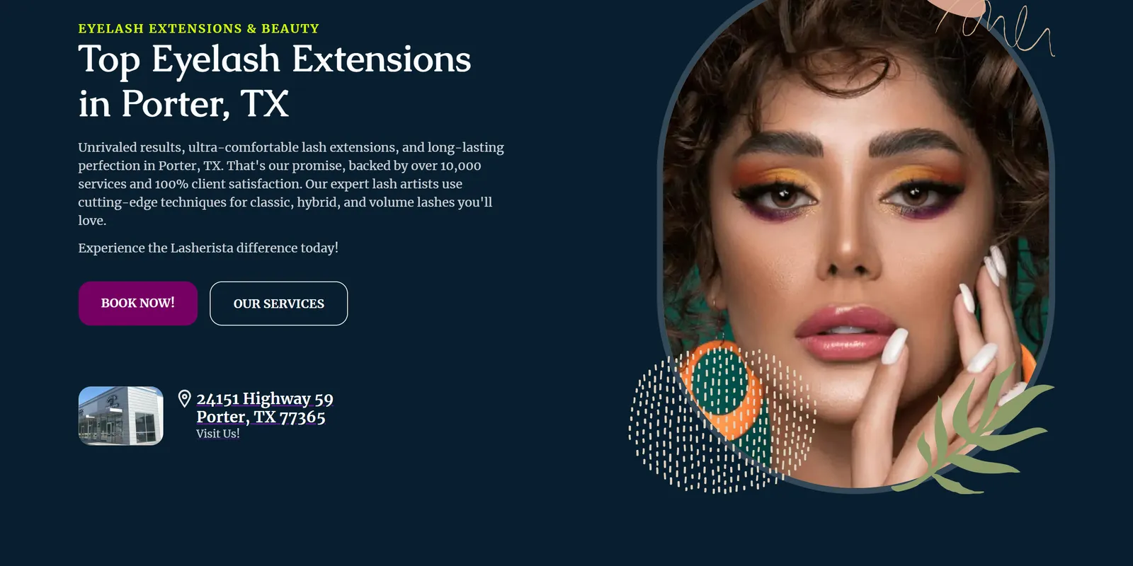 Eyelash expert's website hero, crafted by 512 Web Designs, features dramatic lash transformation.